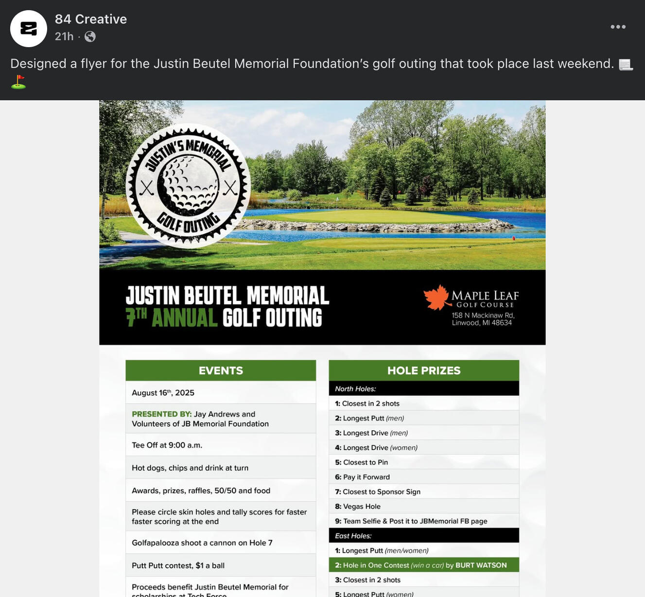 Flyer for Justin Beutel Memorial Foundation Golf Outing